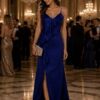 Royal Blue Satin Ruffle Front Maxi Dress