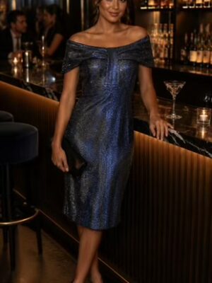 Midnight With Dark Grey Shimmer 2 Tone Blue Bardot Bow Midi Dress
