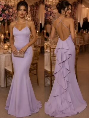 Lilac Fishtail Maxi Dress With Open Back And Ruffle Detail