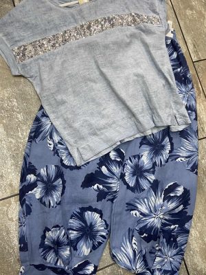 Blue Or Pink Floral Print Linen Trousers