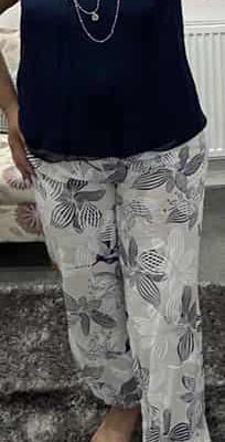 White, Navy Leaf Print Elasticated Hareem Trousers