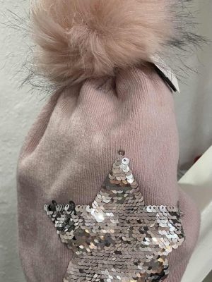 Pink Large Sequin Star Cashmere Mix Pom Pom Hat