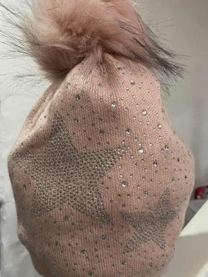 Pink Double Diamante Stars Pom Pom Wool Mix Hat