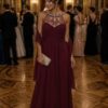 Wine Embellished Chiffon Maxi Dress With Scarf