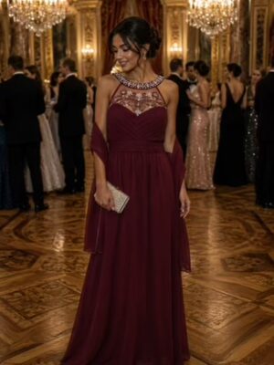 Wine Embellished Chiffon Maxi Dress With Scarf