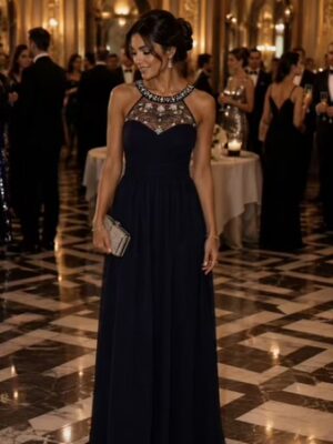 Navy Embellished Chiffon Maxi Dress