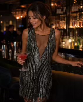 Black Low Plunge Netted Sequin Dress