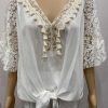 White, Lace 3/4 Sleeve Tassel Detail Tie Waist Cotton Mix Top