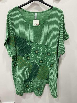 Emerald Green Floral Stripe Cotton Short Sleeved Top
