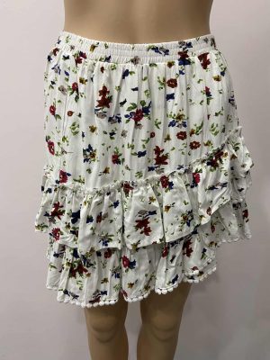 White Mini Floral Print Ruffled Short Skirt