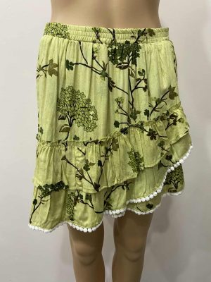 Green Floral Print Short Skirt With White Lace Trim Detail