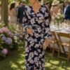 Navy Floral Wrap Dress With Flute Sleeve