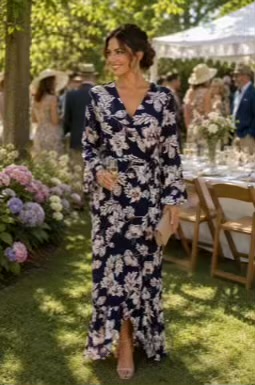 Navy Floral Wrap Dress With Flute Sleeve
