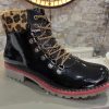 Black Patent Memory Foam Boots With Leopard Print Trim