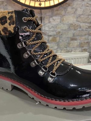 Black Patent Memory Foam Boots With Leopard Print Trim