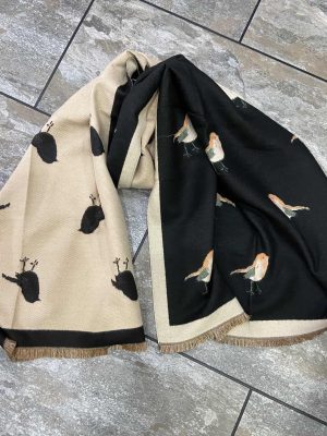 Black/Beige Robin Print Reversible Scarf
