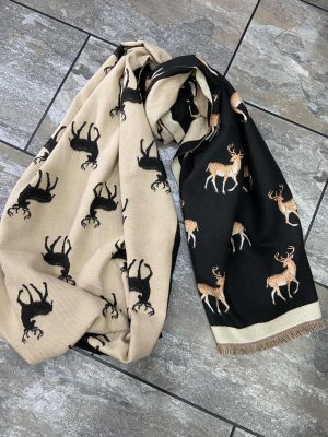 Black/Beige Reversible Stag Print Scarf