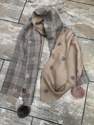 Brown Heart Print Pom Pom Scarf