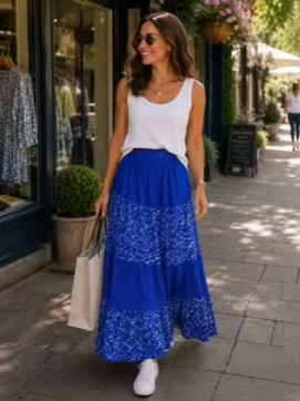 Royal Blue Mini Floral And Spot Print Long Skirt