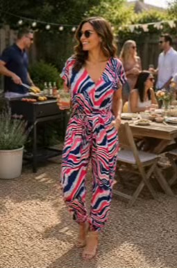 Navy/Pink Wave Print Jumpsuit