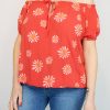 Orange, Navy, Or Red Daisy Print Elasticated Trim Short Sleeve Top
