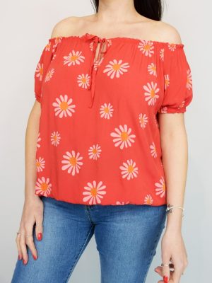 Orange, Navy, Or Red Daisy Print Elasticated Trim Short Sleeve Top