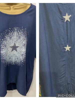Navy Or Royal Blue Diamante Starburst Long Linen Mix Top