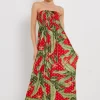 Red Shirred Top Leaf Print With Gold Foil Detail Maxi Dress