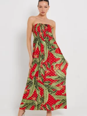 Red Shirred Top Leaf Print With Gold Foil Detail Maxi Dress