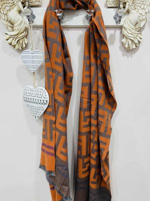 Orange/Grey Or Mustard/Grey Cashmere Mix Greek Key Patterned Scarf