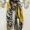 Mustard Animal Print Tassel Edge Wool Mix Scarf