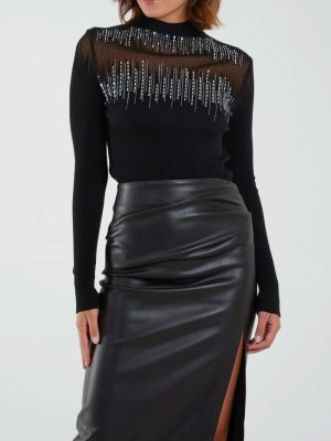 Black Diamante Embellished Netted Detail Soft Knit Top