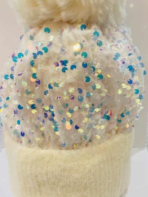 Winter White, Cerise Pink Or Blue Super Sparkly Sequin Pom Pom Hat