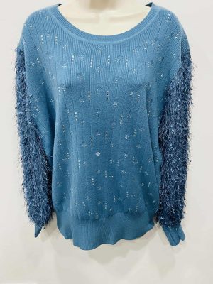 Blue Diamante Fluffy Sleeve Detail Jumper