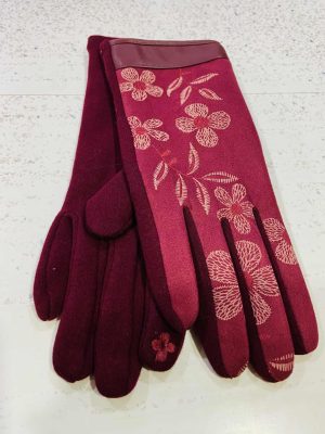 Wine Floral Print Cotton Mix Gloves