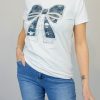White, Or Black Blue Diamante Bow Detail Cotton Short Sleeve T-Shirt