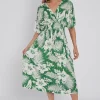 Green Floral Gathered Midi Dress