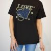 Black Diamante Embellished Blue Heart Cotton T-Shirt