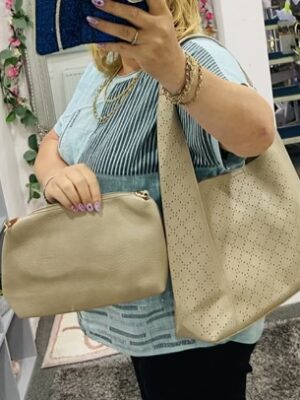 BEIGE OR BLACK SLOUCH SHOULDER BAG SOFT PATTERNED VEGAN LEATHER PURSE INSIDE - TWO IN ONE BAG