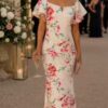 Pink Floral Print Maxi Dress With Ruffle sleeve