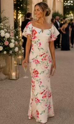 Pink Floral Print Maxi Dress With Ruffle sleeve