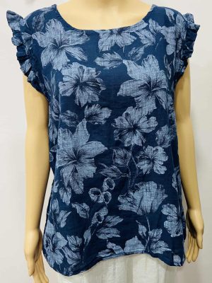 Floral Frill Cap Sleeve Button Decorated At The Back Cotton Top In Various Colours