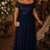 Navy Sequin Bardot Evening Gown