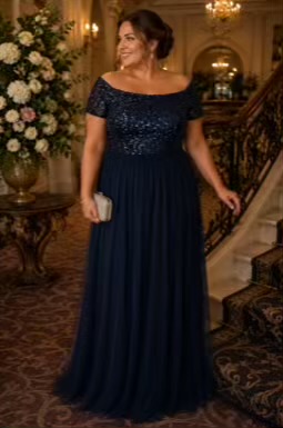 Navy Sequin Bardot Evening Gown