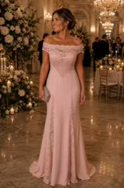 Pink Lace Detail Evening Gown