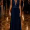 Navy Sequin Netted V Detail Evening Gown