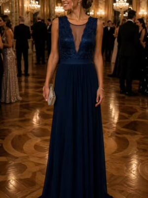 Navy Sequin Netted V Detail Evening Gown
