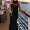 Black Flower Embellished Evening Gown