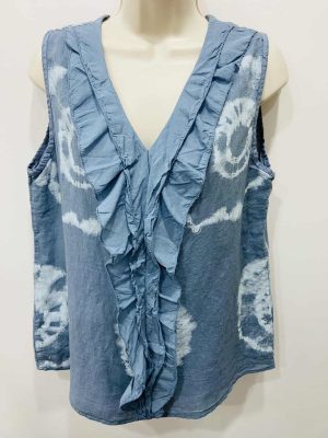 Blue Or White Tie Dye Frill Front Sleeveless Linen Mix Top