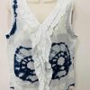Blue Or White Tie Dye Frill Front Sleeveless Linen Mix Top
